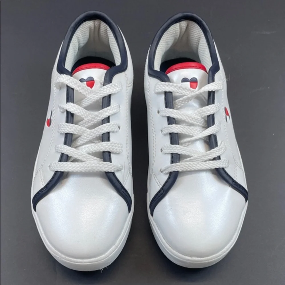 Tommy Hilfiger White Faux Leather Sneakers Youth Size 1 Navy Red Trim